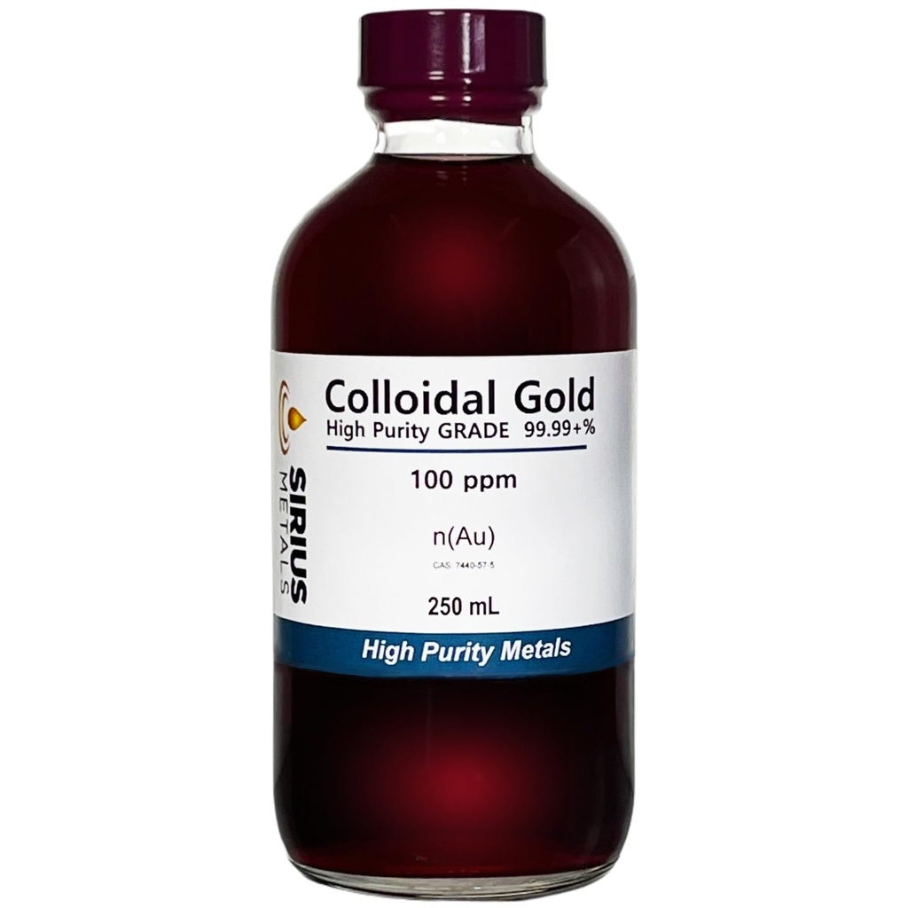 True Colloidal Gold (100 ppm) - 99.99+% Purity - 250 mL (8.45 Fl Oz) in a Clear Glass Bottle