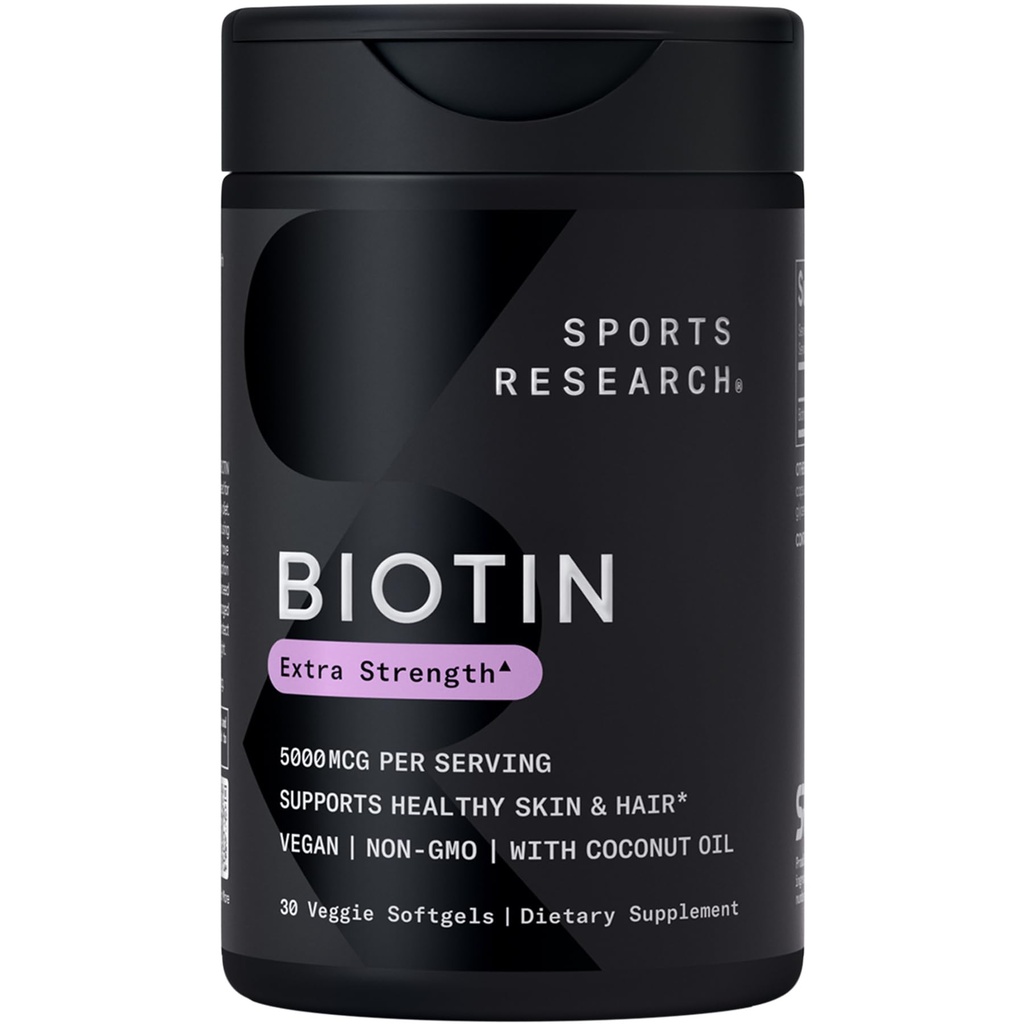 Sports Research® Biotin 5.000mcg με Βιολογικό Λάδι Καρύδας - Βιοτίνη (Vitamin B7) για Υγιή Δέρμα και Υποστήριξη μαλλιών* - για γυναίκες και άνδρες - Vegan, μη-GMO, Γλουτένη & χωρίς σόγια - 30 Veggie Softgels