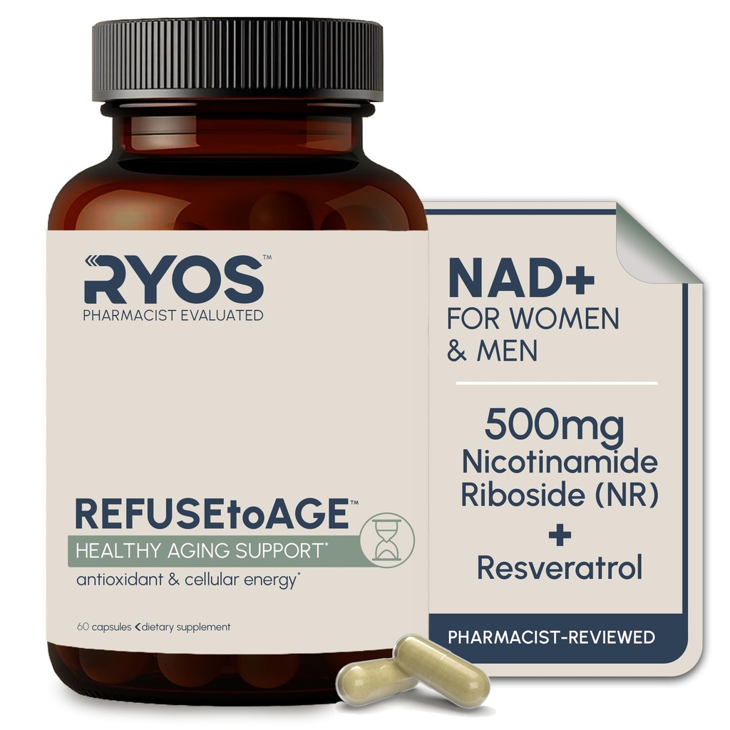 RYOS NAD+ Supplement for Women & Men – 500mg Nicotinamide Riboside (NR) with Resveratrol & Quercetin – Cellular Energy & Healthy Aging – Pharmacist-Reviewed – REFUSEtoAGE – 60 Capsules