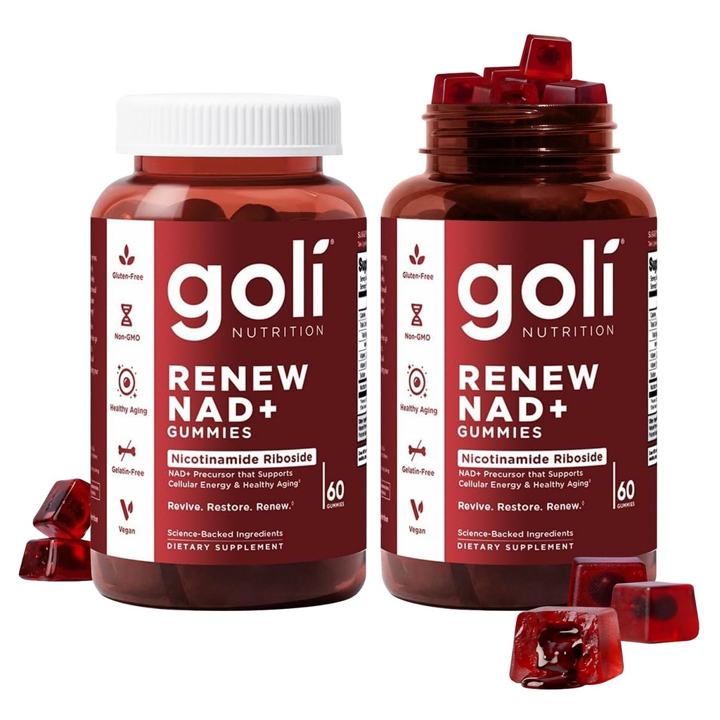 Goli World’s First Renew NAD+, 60 Count Each (2 Pack, 120 Total) – Nicotinamide Riboside (NR) – Cellular Energy & Healthy Aging Support – Vegan, Non-GMO, Gelatin-Free Liquid-Center Gummies