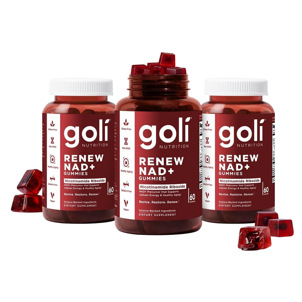 Goli World’s First Renew NAD+, 60 Count Each (3 Pack, 180 Total) – Nicotinamide Riboside (NR) – Cellular Energy & Healthy Aging Support – Vegan, Non-GMO, Gelatin-Free Liquid-Center Gummies