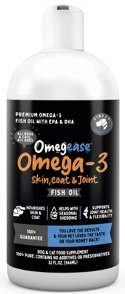 Omegease Fish Oil for Dogs & Cats - Finest for Pets Omega 3 for Cats & Dogs - Συμπλήρωμα για το δέρμα & το λίπος, το φαγούρα, το χύσιμο, τις αρθρώσεις & την ανοσοποιητική υγεία - 100% καθαρό ωμέγα ιχθυέλαιο με EPA & DHA (32 oz)