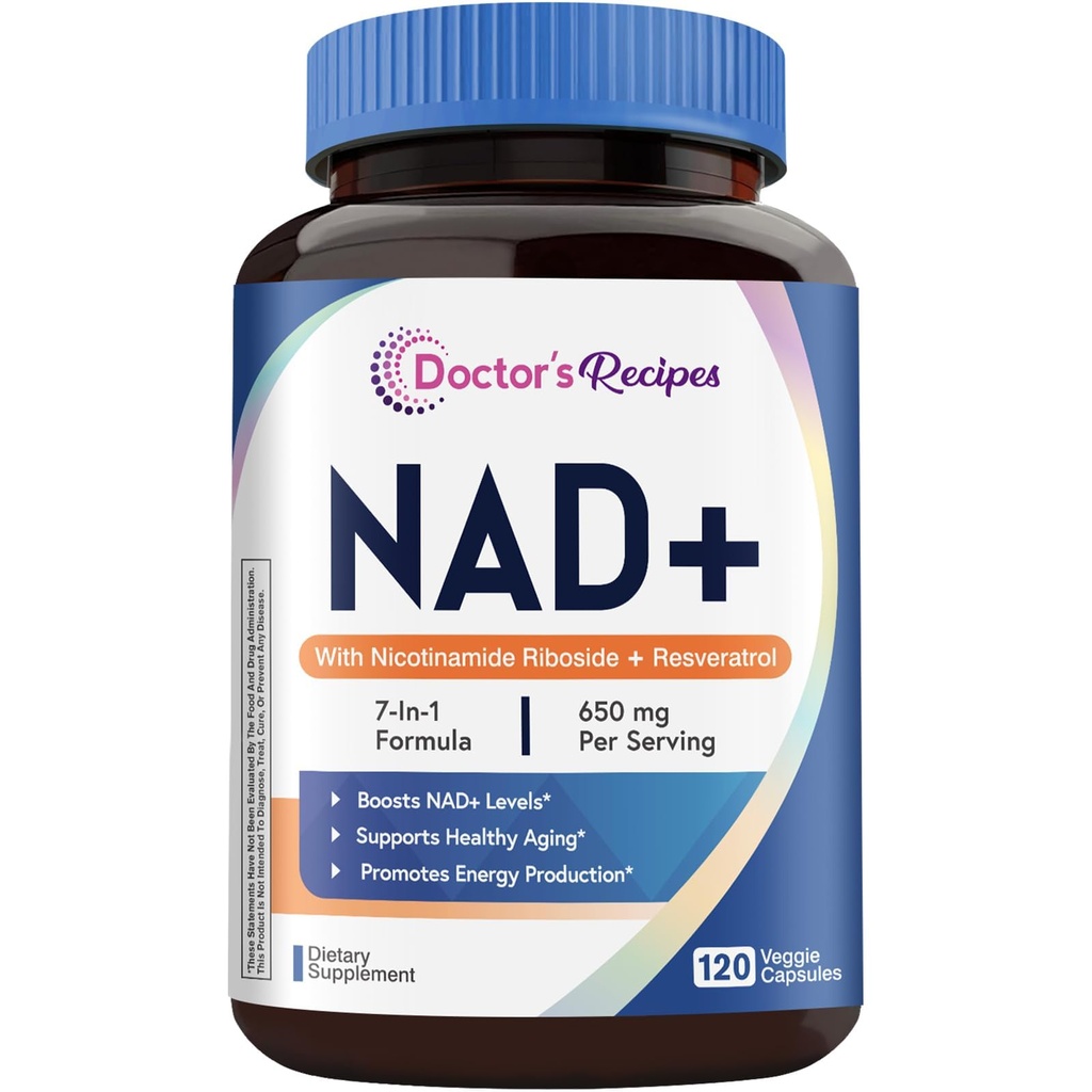 Doctor's Recipes NAD Supplement, Nicotinamide Riboside, Resveratrol, NMN Alternative for Anti-Aging, w/Magnesium Glycinate & L-Tryptophan, 650mg Per Serving, Energy & Mood Boost, 120 Vegan Capsules