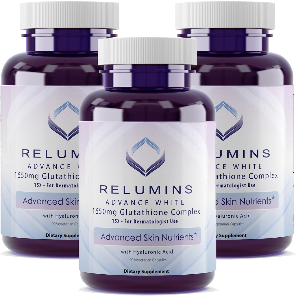 Relumins 1650mg L-Glutathione Complex with Hyaluronic, Alpha Lipoic, Rose HIPS, Vitamin E & Riboflavin, for a Summer Glow Skin – Your Radiant Skin Starts Here, Made in USA – 90 Caps x 3 Bots