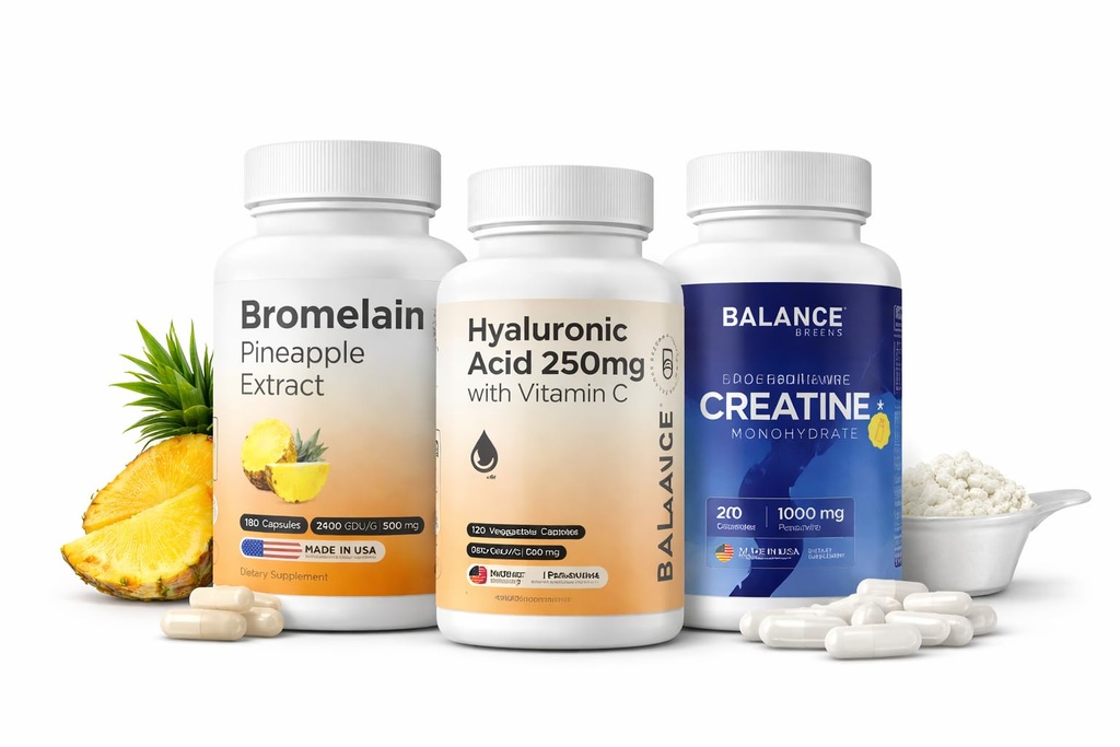 Balancebreens Bromelain + Hyaluronic Acid + Creatine Active Mobility, Hydration & Digestive Support Bundle