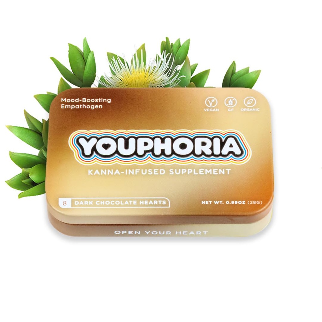 Youphoria Dark Chocolate Hearts, 600mg Kanna Supplement with L-Theanine for Relaxation, Organic, 8 Count