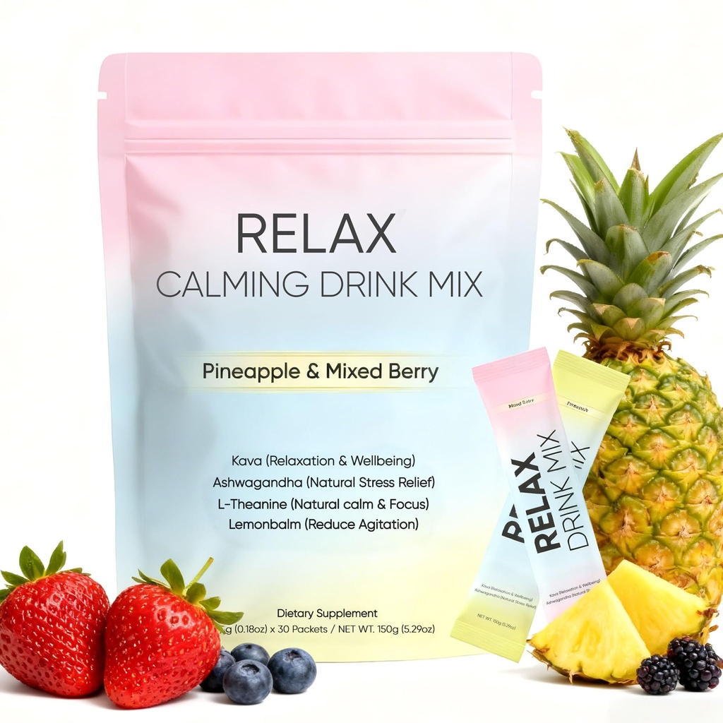 Relax Calming Drink, Natural Calm Powder Drink with L-Theanine, Ashwagandha and Kava, Sugar Free Calm Supplement for Relax & Natural Relieve Stress, Non GMO, Pineapple & Mixed Berry, 30 Packets (1)