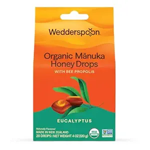 Wedderspoon Organic Manuka Honey Drops, Eucalyptus & Bee Propolis, 20 Count (4oz) (Pack of 1)| Genuine New Zealand Honey | Perfect Remedy For Dry Throats