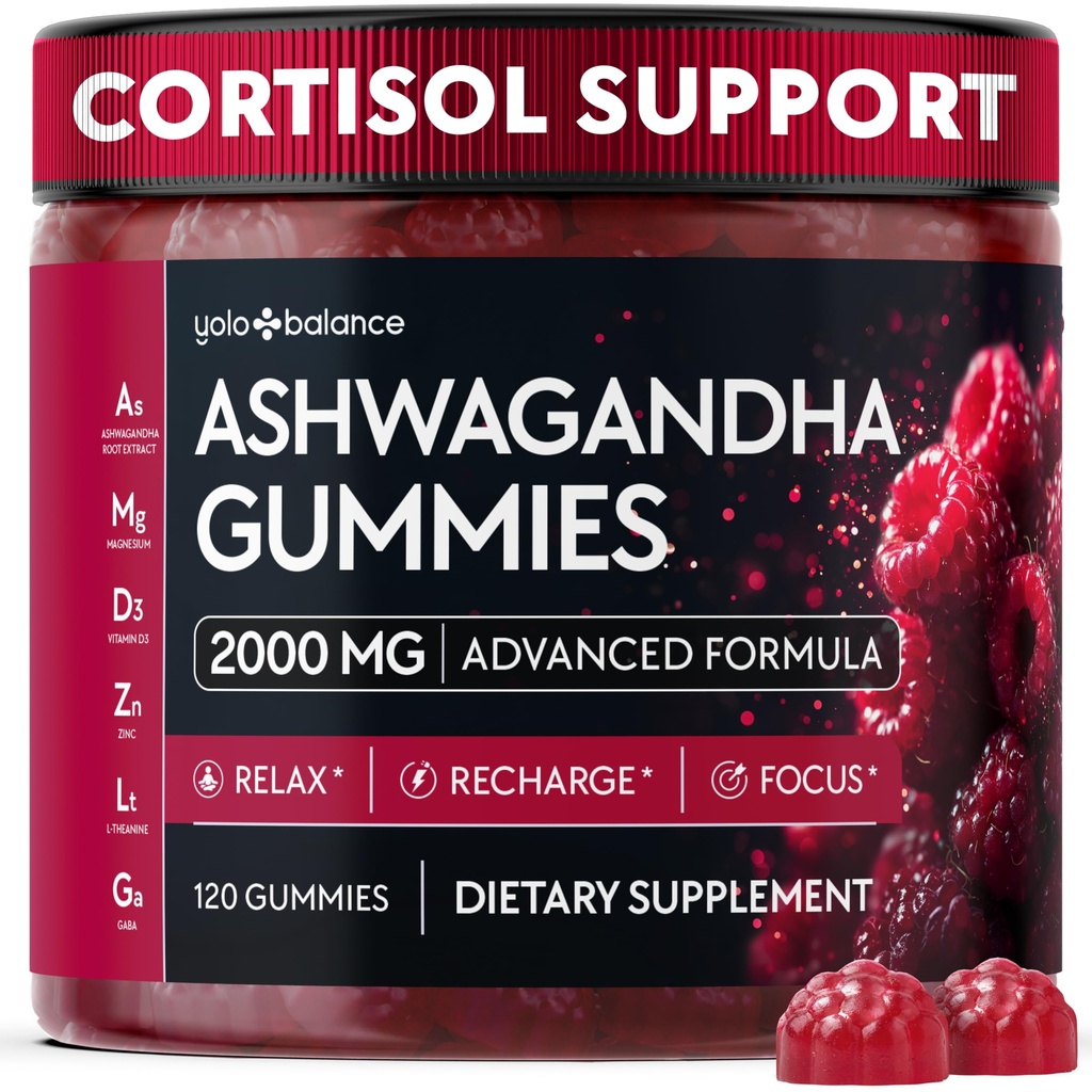 Ashwagandha Gummies 2000mg, Raspberry Flavor (120 Count) - Sugar-Free Adaptogen Supplement with L-Theanine, GABA, Magnesium, Zinc & Vitamin D3, Vegan, Non-GMO Calm & Balance Support for Men & Women