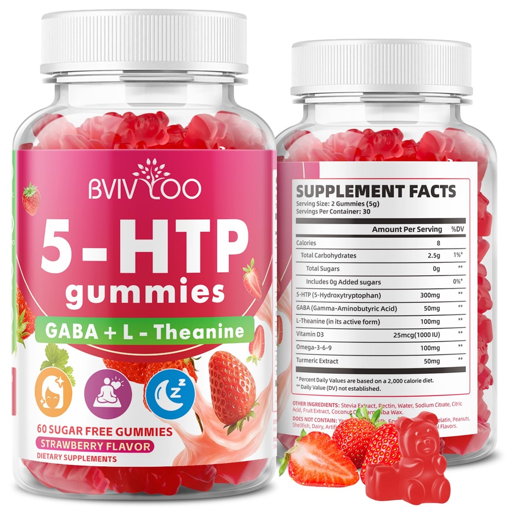 Sugar Free 5-HTP Gummies + GABA - L-Theanine, Vitamin D3, Circadian Rhythm for Adults, Strawberry Flavor, 60 Count