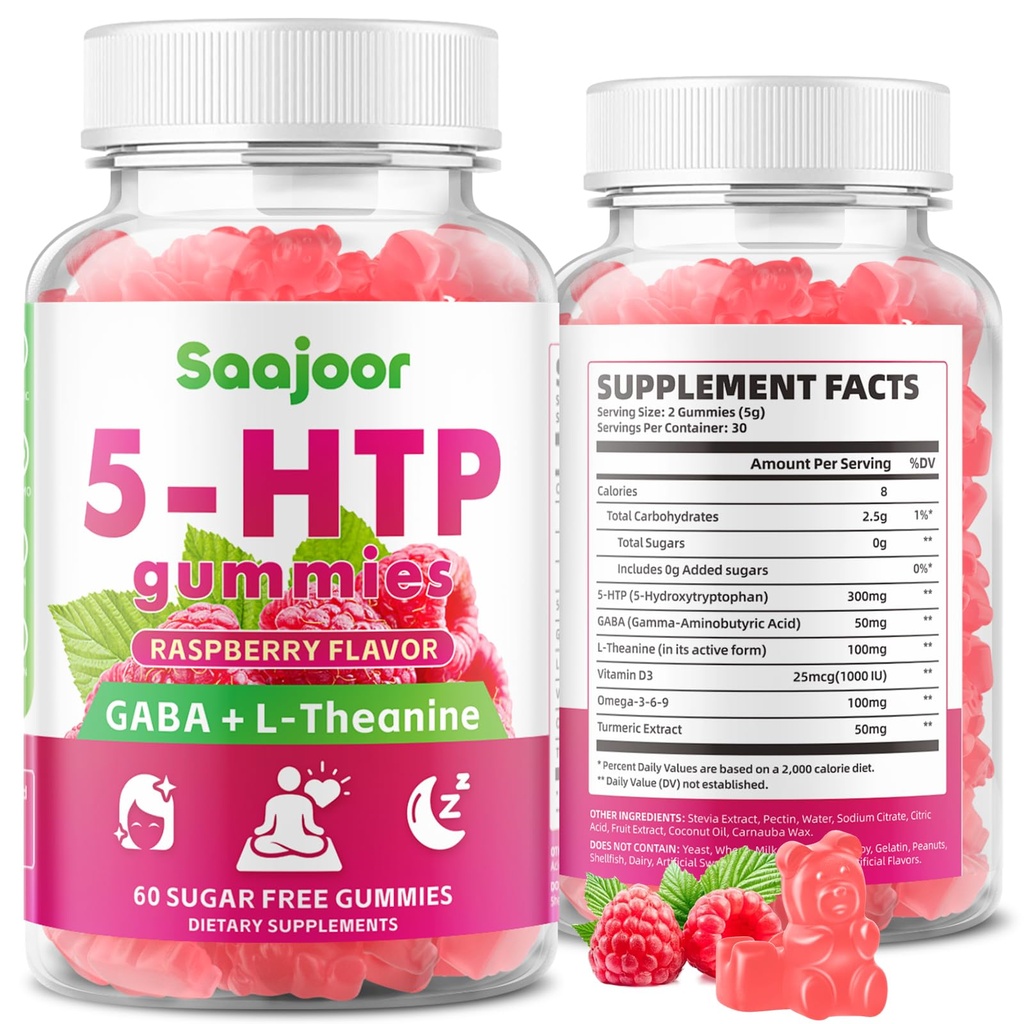 5-HTP 300mg Gummies with GABA + L-Theanine & Vitamin D3, Circadian Rhythm Support for Adults, Raspberry Flavor, 60 Gummies