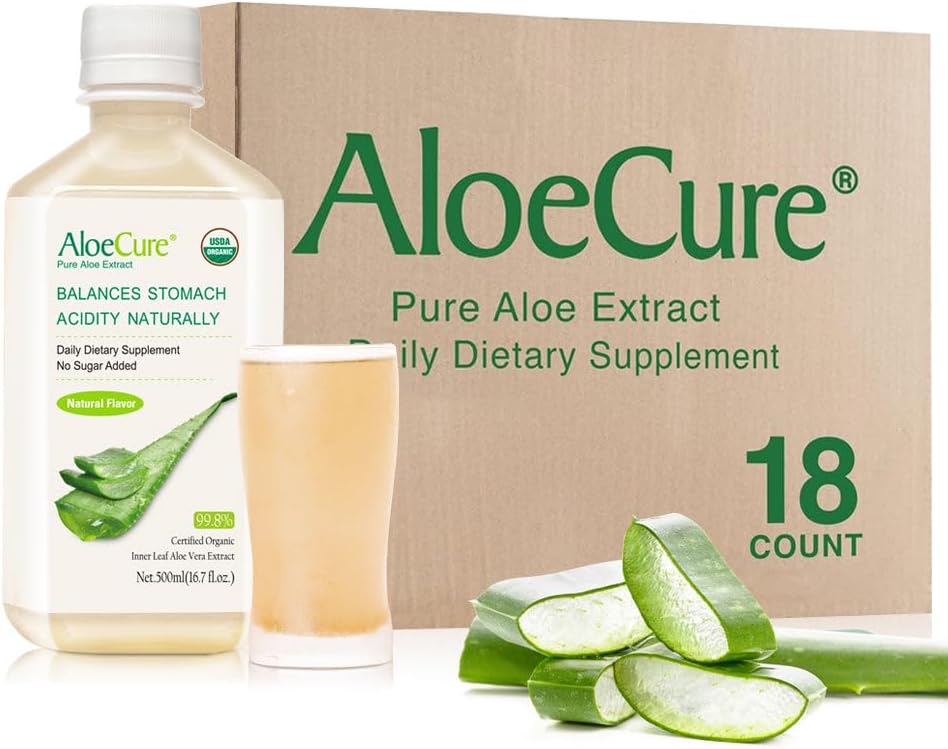 AloeCure USDA Organic Aloe Vera Juice Made Within 12 Hrs of Harvest - Pure Aloe Juice Natural Digestive Supplement to Support Digestion, Immune System and balanced Stomach Acidity, 18 x 500ml Μπουκάλια
