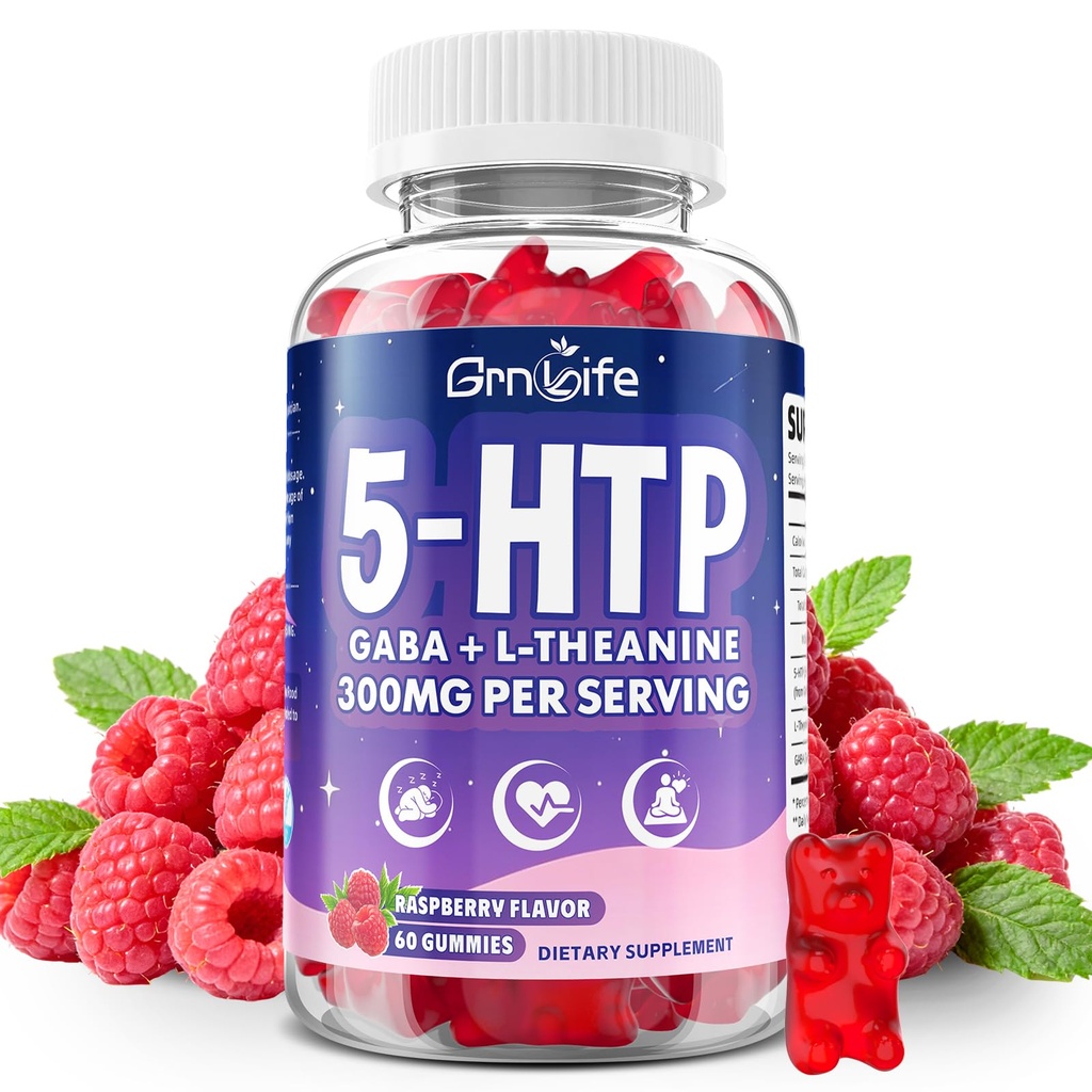 300MG 5-HTP Gummies for Adults, Sugar Free 5HTP Supplement with L-Theanine & GABA for Brain & Muscle Relaxation, Raspberry Flavor, 60 Count