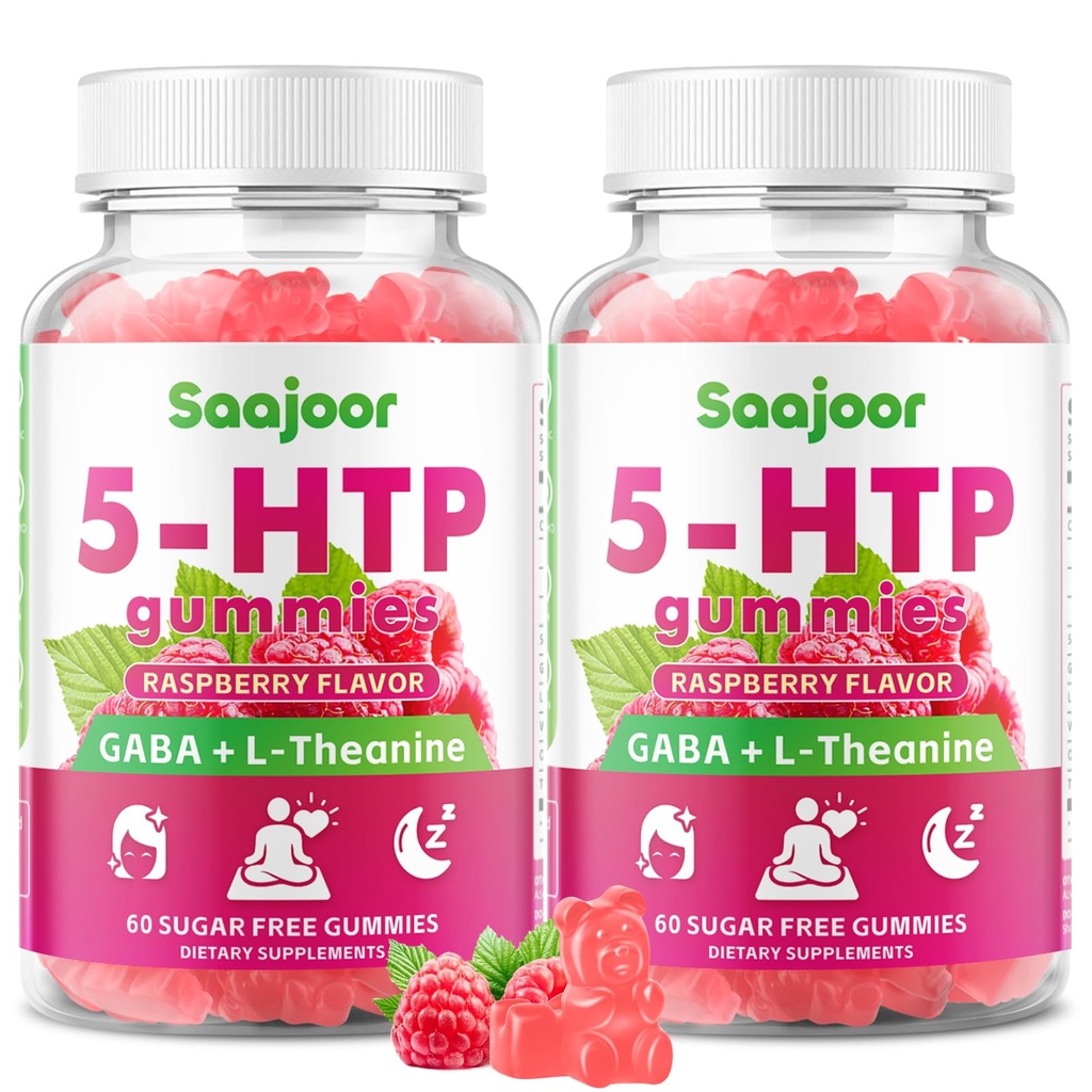 2 Pack 5-HTP 300mg Gummies with GABA + L-Theanine & Vitamin D3, Circadian Rhythm Support for Adults, Raspberry Flavor, 120 Gummies