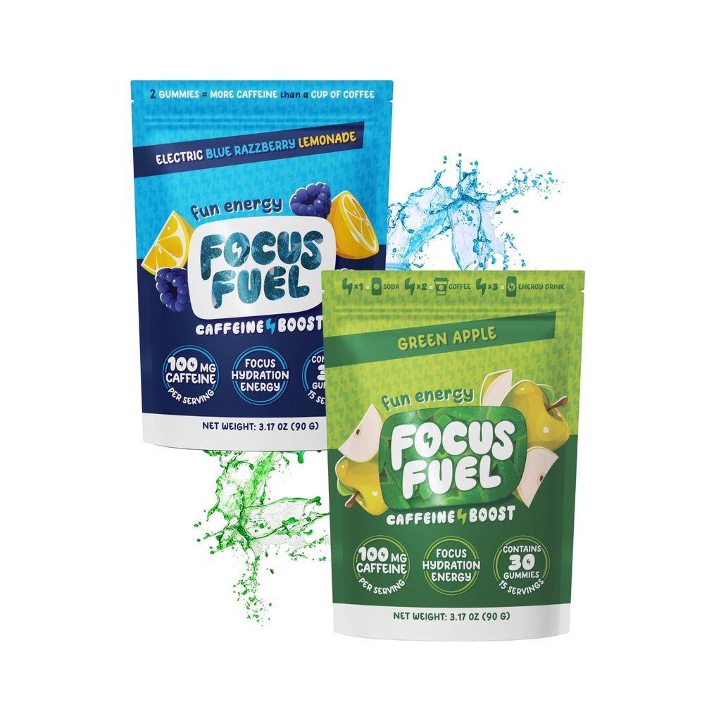FocusFuel Energy Chews Variety Pack – Blue Razzberry Lemonade & Green Apple Flavors (2-Pack, 30 Servings Total) – 100mg Natural Caffeine + Nootropics – Sharp Focus, No Crash or Jitters