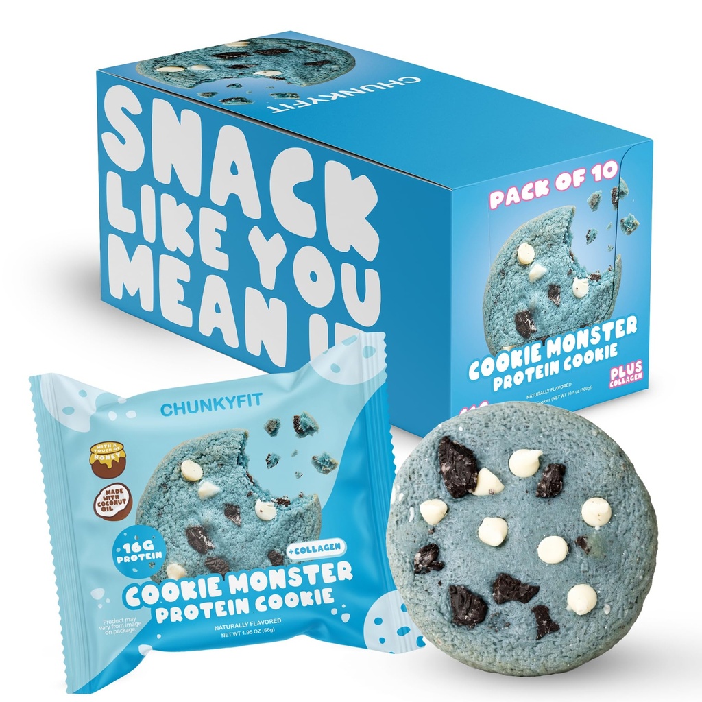 CHUNKYFIT Cookie Monster Protein Cookie - Made with Coconut Oil, Collagen and a Touch of Honey, Soft Baked Balanced Snack, Good for Post Workout Recovery, 16g Protein - 1.95 OZ - 10 Pack