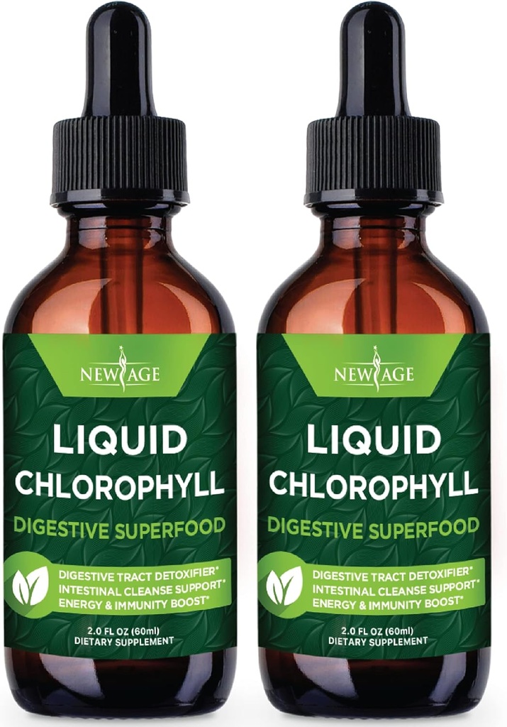 NEW AGE Chlorophyl Liquid Drops - Φυσικό συμπύκνωμα – Ενεργειακός ενισχυτής, υποστήριξη πέψης και ανοσοποιητικού συστήματος, εσωτερικό αποσμητικό, λειτουργία ήπατος - (2 fl Oz (πακέτο του 2)