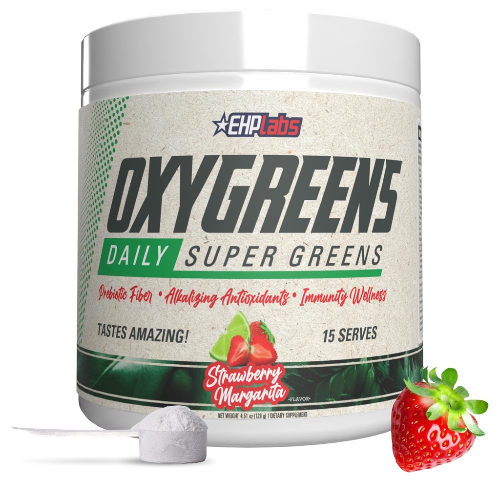 EHP Labs OxyGreens Super Greens Powder with Spirulina & Chlorella, Prebiotic Fiber, Probiotics & Digestive Enzymes – Antioxidant Green Superfood Supplement - 15 Serves (Strawb. Margarita)