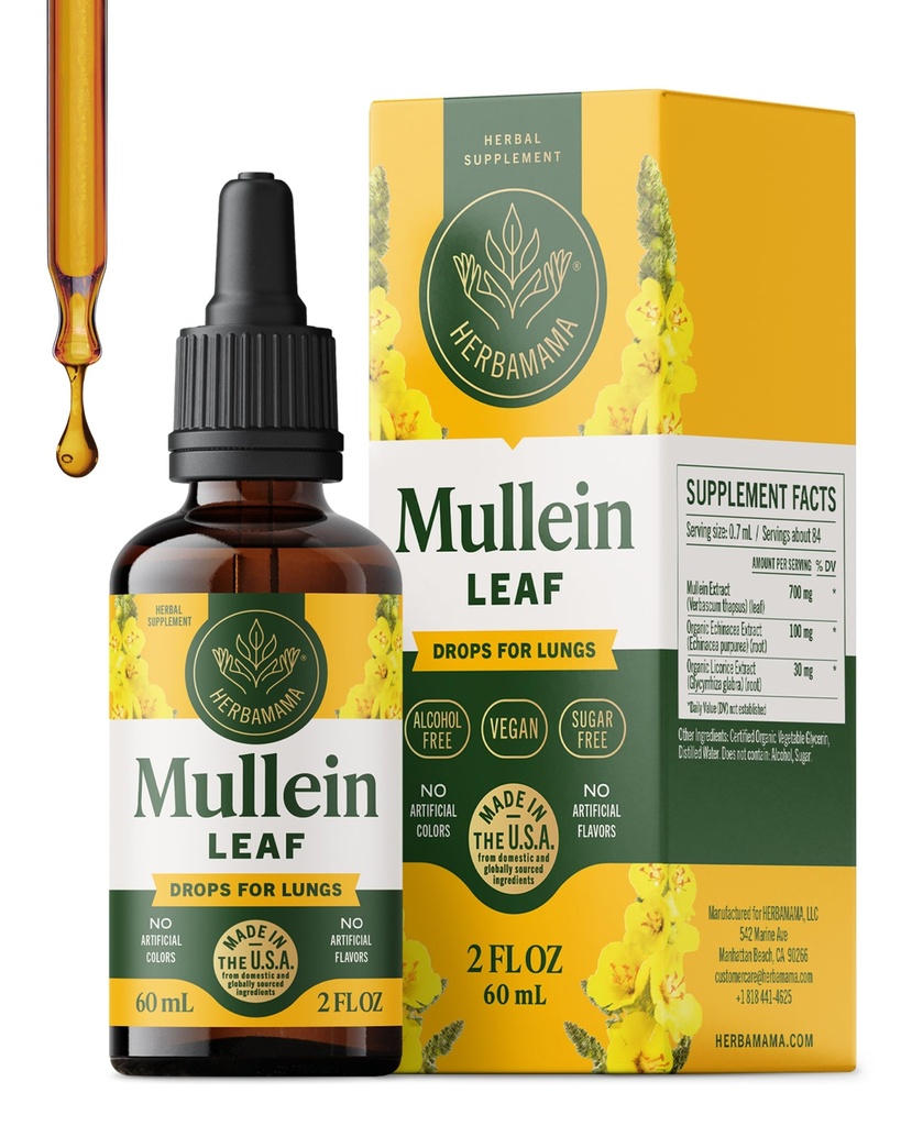 HERBAMAMA Mullein Drops for Lungs - Vegan Mullein Leaf Extract for Lungs Cleanse Support - Μη ΓΤΟ, Αλκοόλ & Ζάχαρη συμπλήρωμα αναπνευστικού, 28-Ημέρα προσφοράς