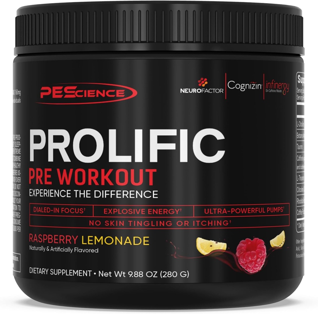 PEScience Prolific Preworkout Powder for Men & Women with L-Citrulline Nitric Oxide Booster, Energy Powder & Nootropic for Focus – Preworkout Without Beta Alanine – 40 Scoops, Raspberry Lemonade