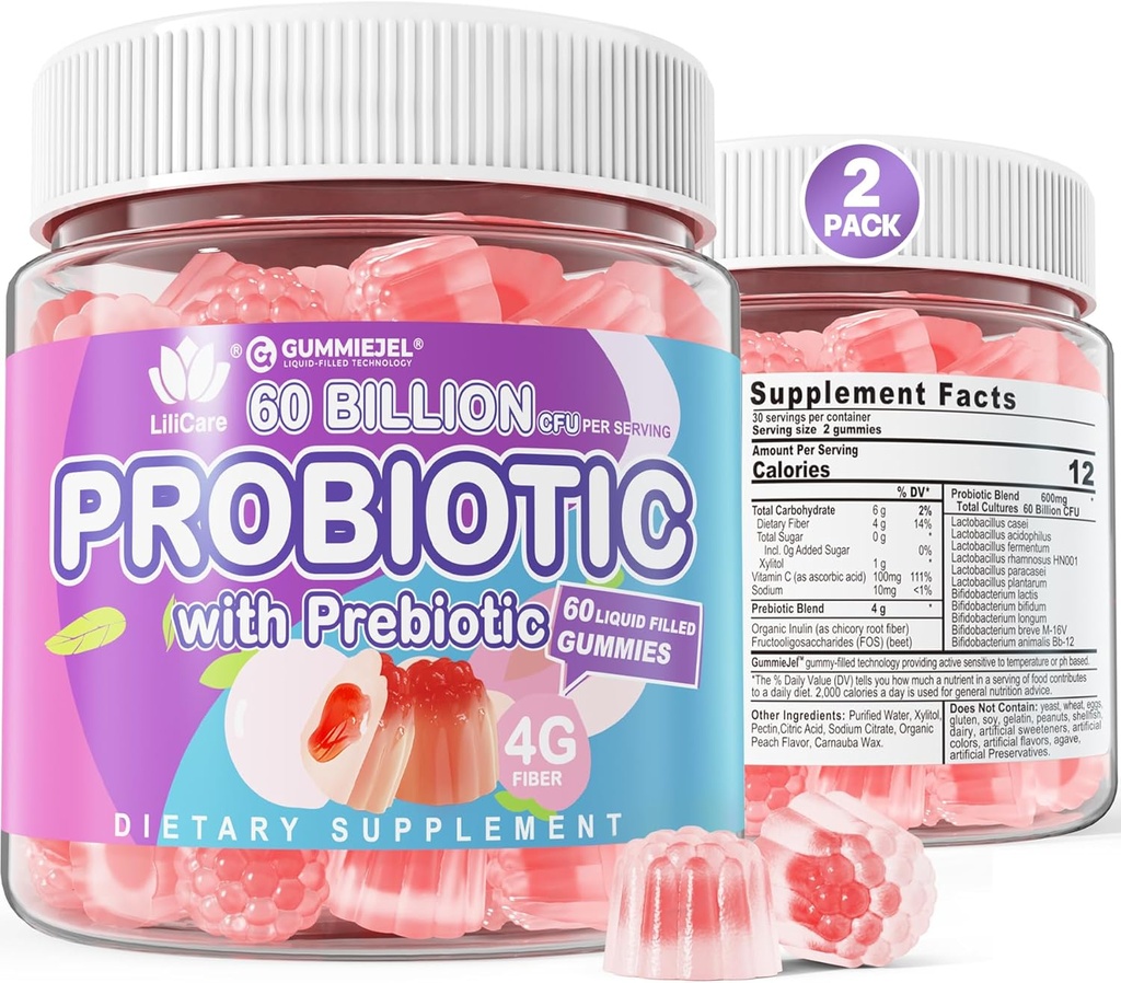 2Pack Probiotic + Prebiotics Gummies Sugar Free 60 Billion CFU, 11 Strains Probiotics Filled Gummies for Women Digestive Health and Gut Health, Supports Constipation, Diarrhea, Gas & Bloating
