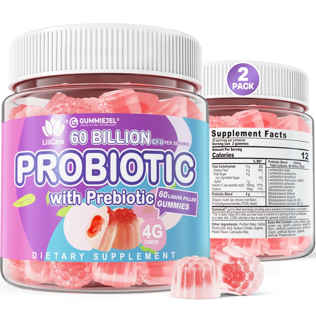 2Pack Probiotic + Prebiotics Gummies Sugar Free 60 Billion CFU, 11 Strains Probiotics Filled Gummies for Women Digestive Health and Gut Health, Supports Constipation, Diarrhea, Gas & Bloating