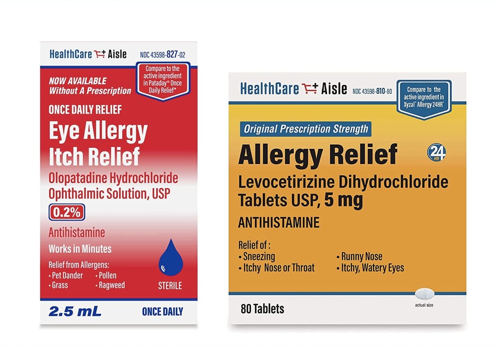 HealthCareAisle Allergy Bundle - Olopatadine Hydrochloride Ophthalmic Solution USP, 0.2% 2.5mL and Levocetirizine Dihydrochloride Tablets USP, 5 mg 80 Tablets