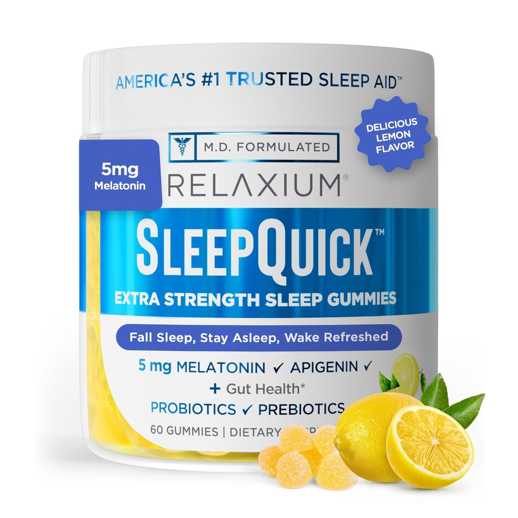 Relaxium Sleep Quick Gummy, Sleep Aid Support, 5 mg Μελατονίνη, Βιταμίνη D-3, Προβιοτική & Προβιοτική Μείξη, Χωρίς Γλουτένη & Φάρμακα, Γεύση Λεμονιού, 60 Gummies