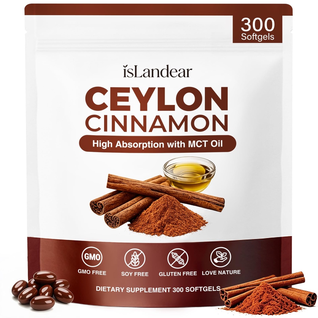 Ceylon Cinnamon Softgels with MCT Oil, True Cinnamon Supplement, High Absorption Herbal Cinnamon Extract, Non-GMO, Gluten-Free, Soy-Free, Easy-to-Swallow, 300 Softgels
