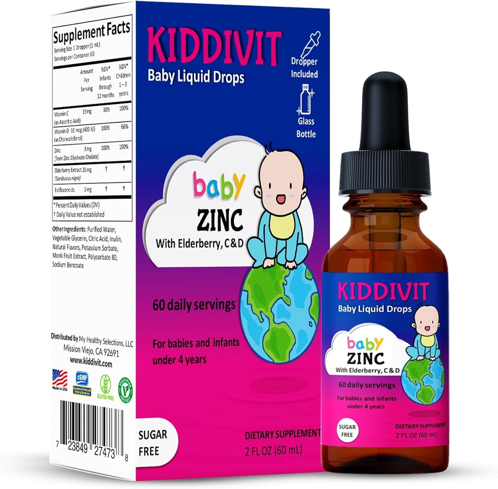 Kiddivit Baby Zinc Liquid Drops with Elderberry, Vitamin D3 & C – Gentle Immune Support Supplement – 60 Daily Servings, Inulin Fortified Prebiotic Fiber – Χωρίς ζάχαρη, Χωρίς γλουτένη, Χορτοφαγικά, 2oz
