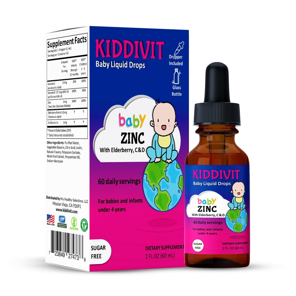 Kiddivit Baby Zinc Liquid Drops with Elderberry, Vitamin D3 & C – Gentle Immune Support Supplement – 60 Daily Servings, Inulin Fortified Prebiotic Fiber – Χωρίς ζάχαρη, Χωρίς γλουτένη, Χορτοφαγικά, 2oz