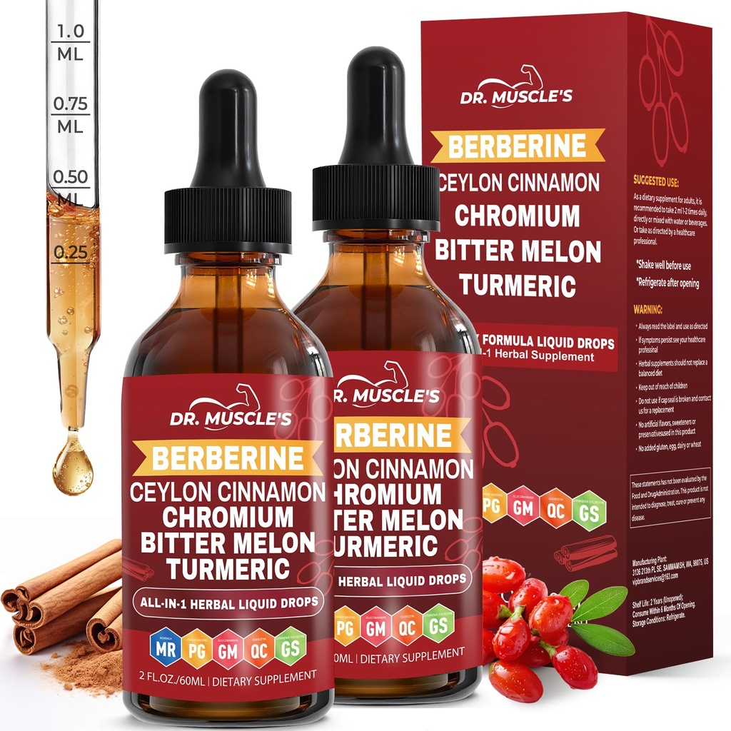 2-Pack Berberine with Ceylon Cinnamon Liquid Drops - Berberine Supplement with Turmeric, Moringa, Bitter Melon, Chromium, Gymnema - Daily Dietary Supplement for Adults, 4 FL OZ - Vegetarian