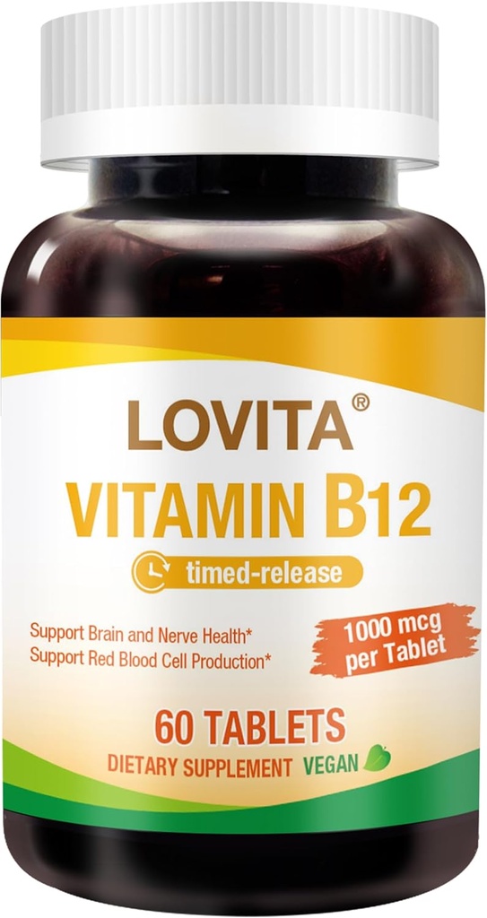 Lovita Vitamin B12 1000 mcg (Β12 Βιταμίνες ως Κυανοκοβαλαμίνη), Timed Release B12, Vegan-Friendly, Υποστηρίζει το νευρικό σύστημα, 60 χορτοφαγικά δισκία (2 Μήνες Προσφορά)