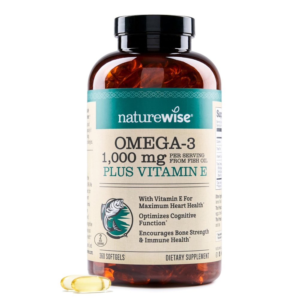 NatureWise Extra-Stength Omega 3 Fish Oil Supplement - 1000mg per Serving - 600 EPA & 400 DHA και βιταμίνη E - Υποστήριξη για την Καρδιά & Εγκεφαλική Υγεία - Λεμόνι Γεύση, GMO-Free - 360 Softgels[6-Month Supply]
