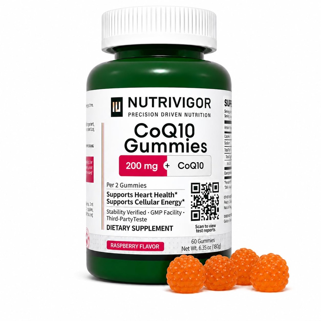 CoQ10 Gummies 200mg, Coenzyme Q10 Gummies for Adults, Sugar Free Vegan Supplement, Supports Heart Health, Cellular Energy & Antioxidant Support, No Artificial Colors Added, Raspberry Flavor, 60 Count