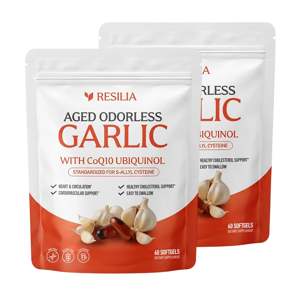 Resilia Odorless Aged Garlic Extract 600 mg softgels with CoQ10 Ubiquinol and Vitamin K2 (as MK-7), 20-Month Matured Garlic, 120 Softgel (Pack 2)