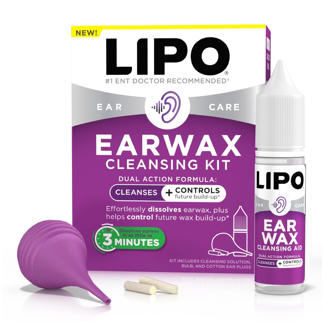LIPO Earwax Removal Kit - Ear Wax Removal Drops with Bulb Syringe & Ear Plugs - Ear Cleaning Kit for Clogged Ears - Peroxide-Free, Gentle Ear Care for Daily Ear Hygiene & Wax Build-Up Removal