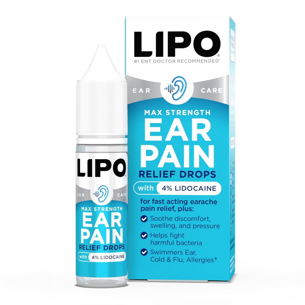 LIPO Ear Ache Pain Relief Drops - 4% Lidocaine Formula for Swimmer’s Ear, Cold, Flu, & Allergy Symptoms - Helps Relieve Ear Pain, Swelling, & Water-Clogged Ears for Adults & Kids