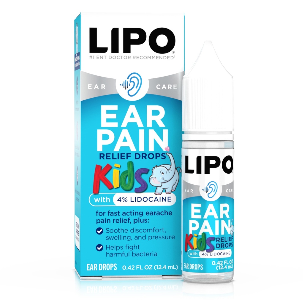 LIPO Kids Ear Pain Relief Drops - 4% Lidocaine Formula for Earache Relief, Swimmer’s Ear, Cold, Flu, & Allergy Symptoms - Helps Relieve Ear Pain, Swelling, & Water-Clogged Ears for Kids Ages 2+