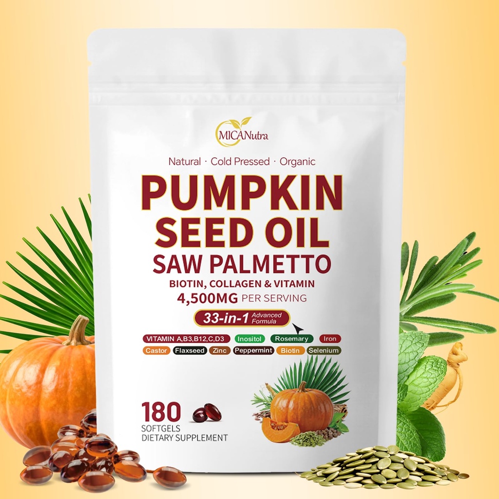 Pumpkin Seed Oil with Saw Palmetto Capsules | 4500mg | 180 Count/Bag| 33 in 1 Vitamin C D3 B12 E A, Castor, Zinc, Biotin, Iron, Peppermint | Hair Growth & DHT Blocker for Women Men
