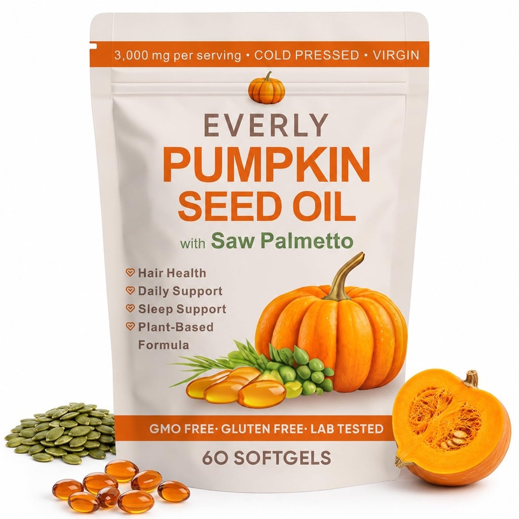Everly Pumpkin Seed Oil with Saw Palmetto, Cold Pressed, Pure Virgin Oil Non-Gmo Rich In Essential Fatty Acids & Phytosterols 60 Softgels