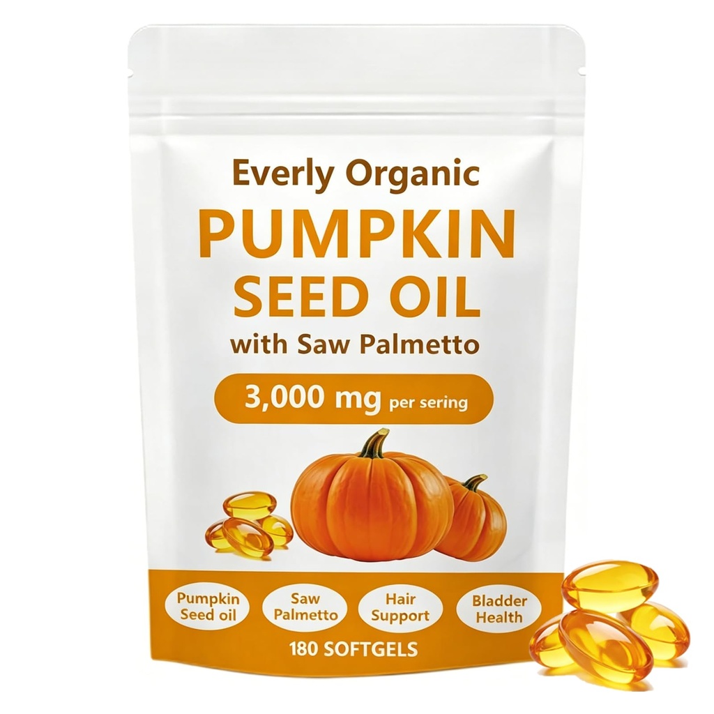 Pumpkin Seed Oil with Saw Palmetto | 180 Softgels, 3000mg Cold-Pressed Pumpkin Seed Oil, Plant-Based & Vegan Complex for Hair Growth