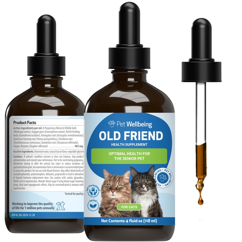 Pet Wellbeing Old Friend for Senior Cats - Supports Immune System Health, Joint Mobility, Healthy Energy Levels, Alfalfa, Reishi - Veterinarian-Formulated Herbal Supplement 4 oz (118 ml)