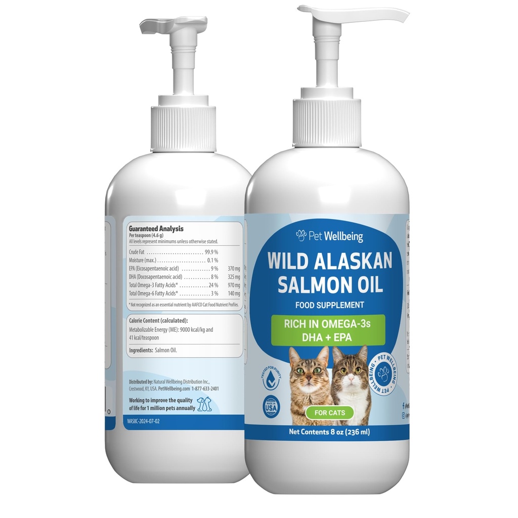 Pet Wellbeing Wild Alaskan Salmon Oil Cats - Omega-3 EPA & DHA Skin, Coat, Joint & Heart Health - NASC Certified & Vet-Formulated - 8oz Pump Bottle