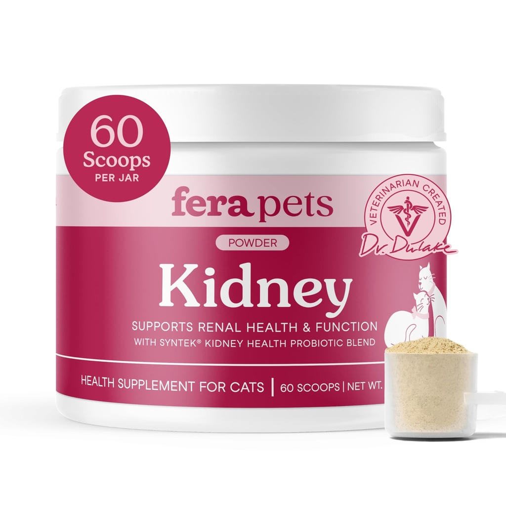 Fera Pets Cat Kidney Support Powder with Probiotics for Cats - 60 Scoops | Antioxidant-Rich Kidney Support for Cats that Enhances Renal Function & Promotes Regular Detoxification