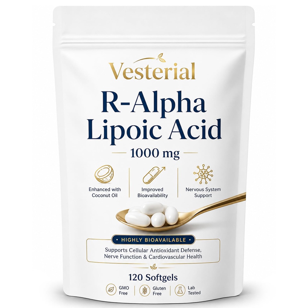 Vesterial R-Alpha Lipoic Acid Extract, R Alpha Lipoic Acid 1000mg with Coconut Oil, R-ALA Softgels , Metabolism & Energy Support Supplement, Non-GMO, Gluten Free, Vegan-Friendly Formula, 120 Count