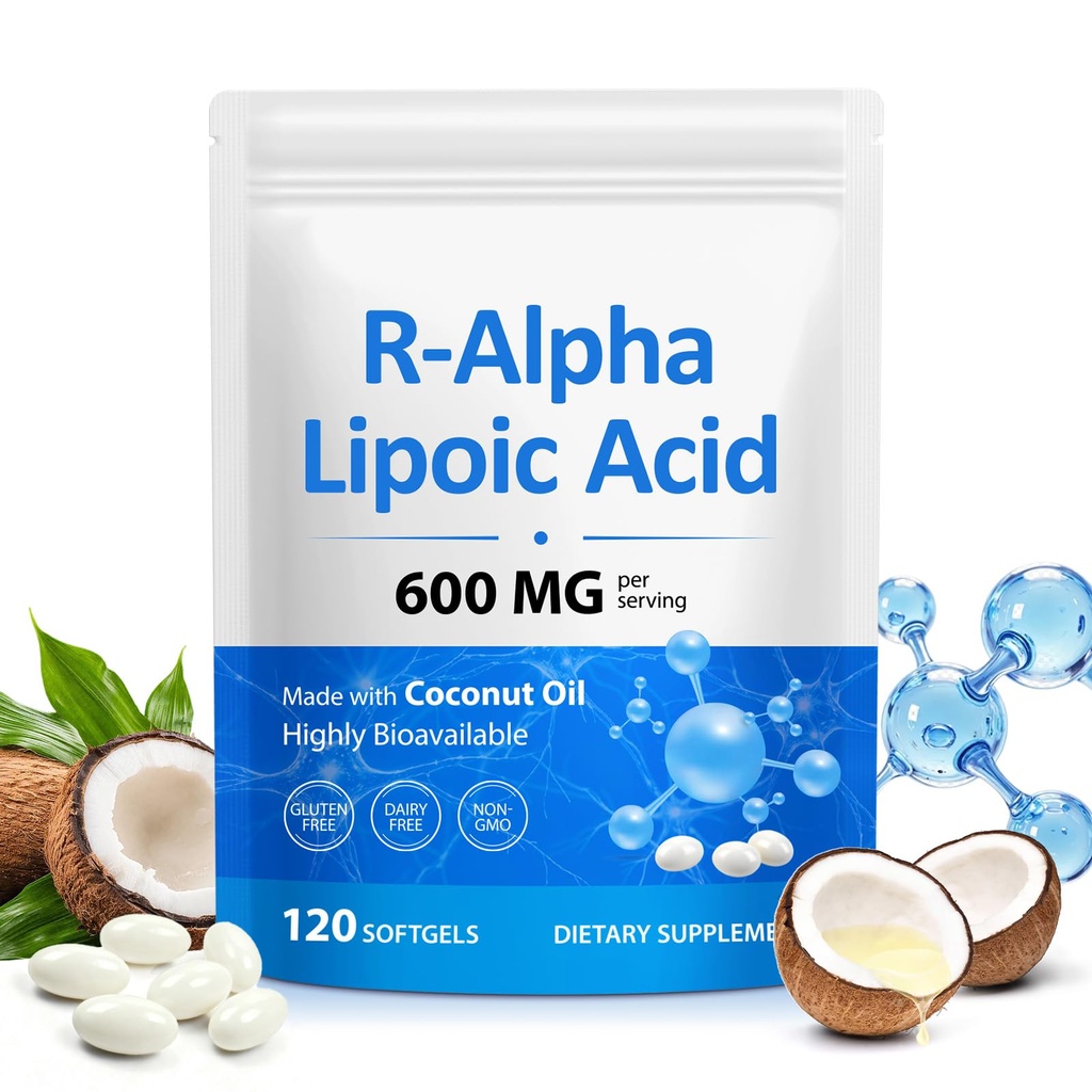 R-Alpha Lipoic Acid 600mg Per Serving for Energy Level, Vitality, Cognitive, Antioxidant Support, with MCT Oil, High Absorption|Non-GMO, Gluten Free, No Soy, 120 Pcs