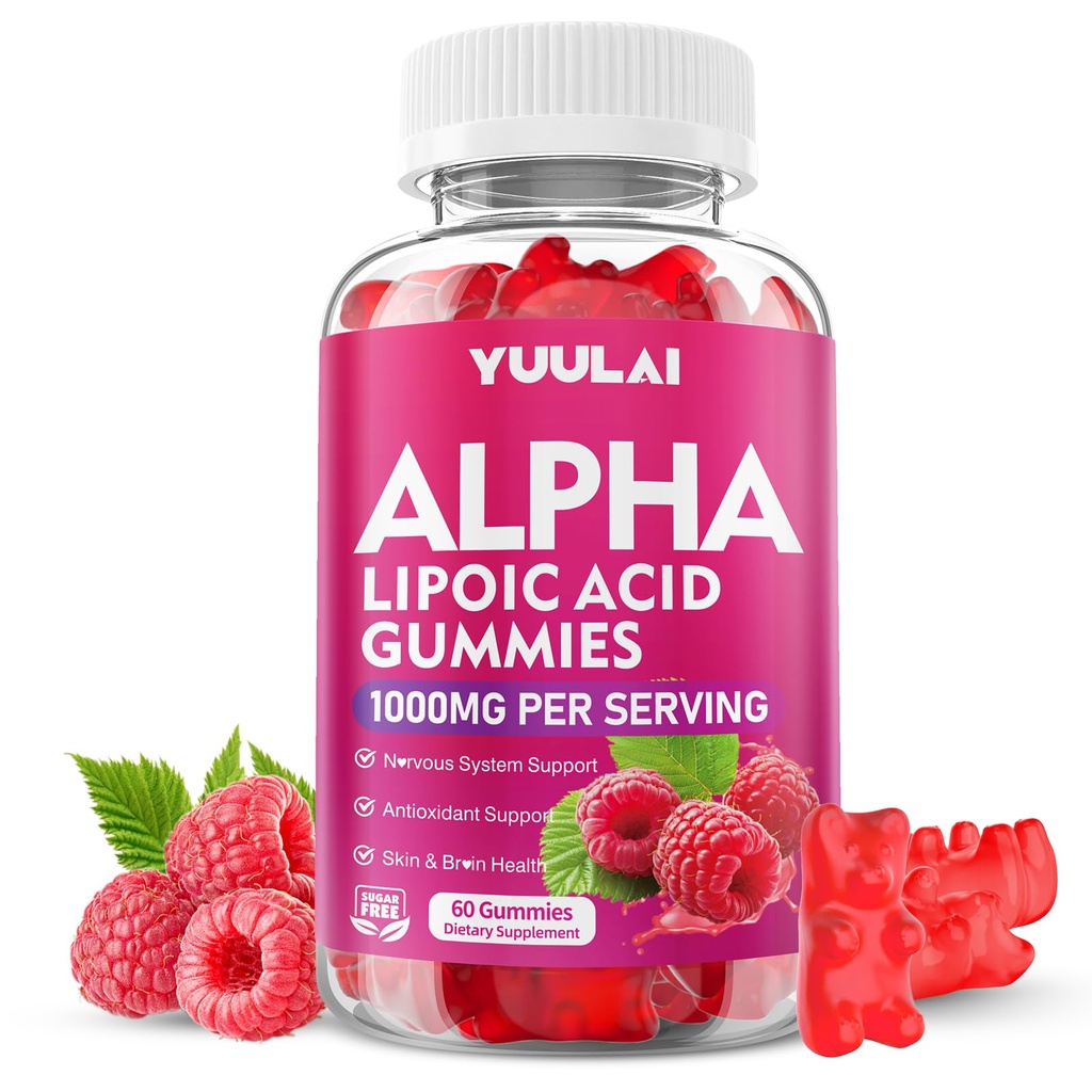 Alpha Lipoic Acid Gummies 1000MG with Biotin, High Absorption Chewable ALA Supplement for Antioxidant, Brain Health and Nerve Support, Raspberry Flavor, 60 Count