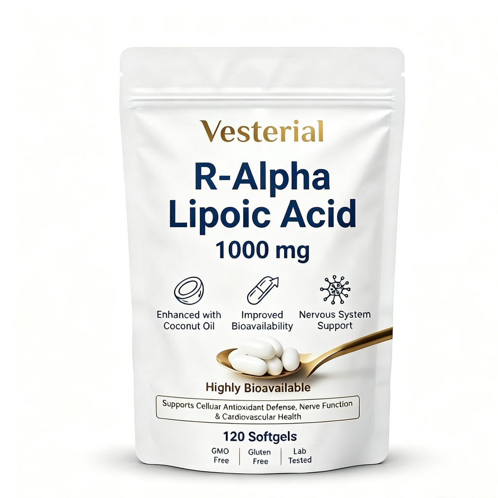 Vesterial R-Alpha Lipoic Acid, Alpha Lipoic Acid 1000mg with Coconut Oil, Boost Energy, Support Health, Non-GMO, Gluten Free, Vegan, 120 Count