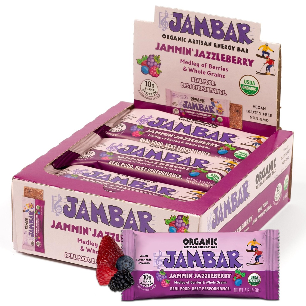JAMBAR Energy Bars, Organic Protein Bars, Gluten Free Snacks, 10g Plant Protein, Vegan, Healthy Snacks, For Adults and Kids, USDA Organic, No Artificial Sweeteners, Jammin Jazzleberry, 12-Pack